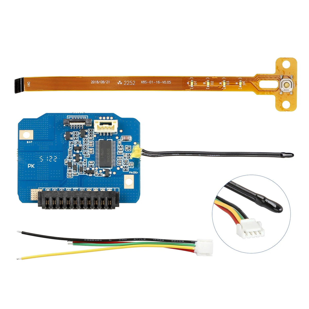 Carte BMS électronique bleue avec sonde de température et câble nappe