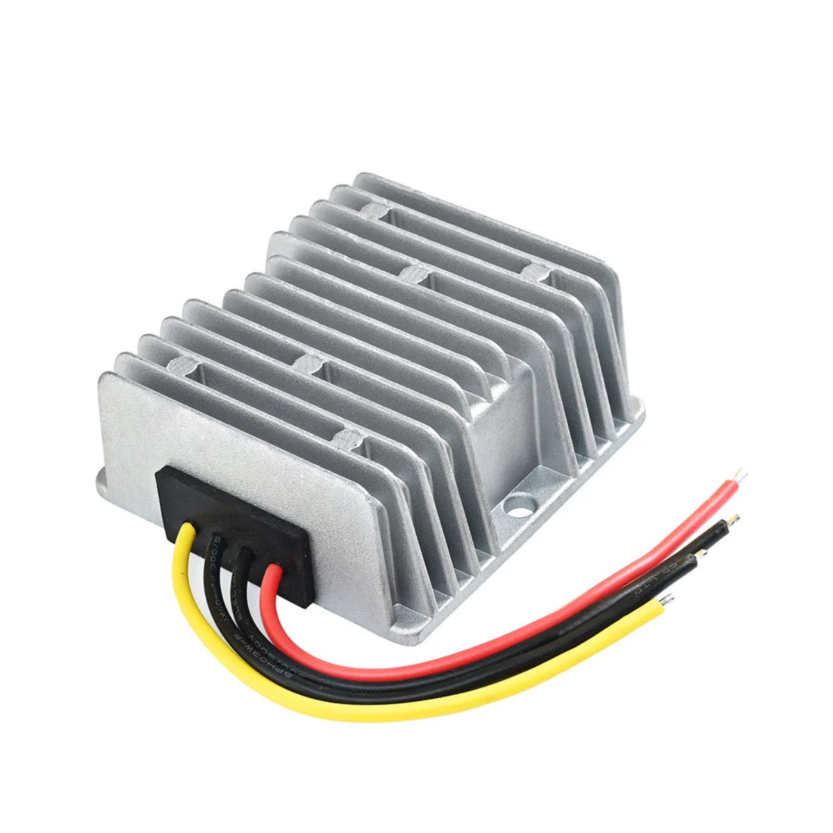 Convertisseur de tension DC-DC en boîtier aluminium argenté avec fils de connexion