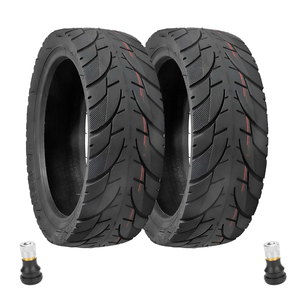Deux pneus tubeless 8,5 pouces noirs avec deux valves tubeless