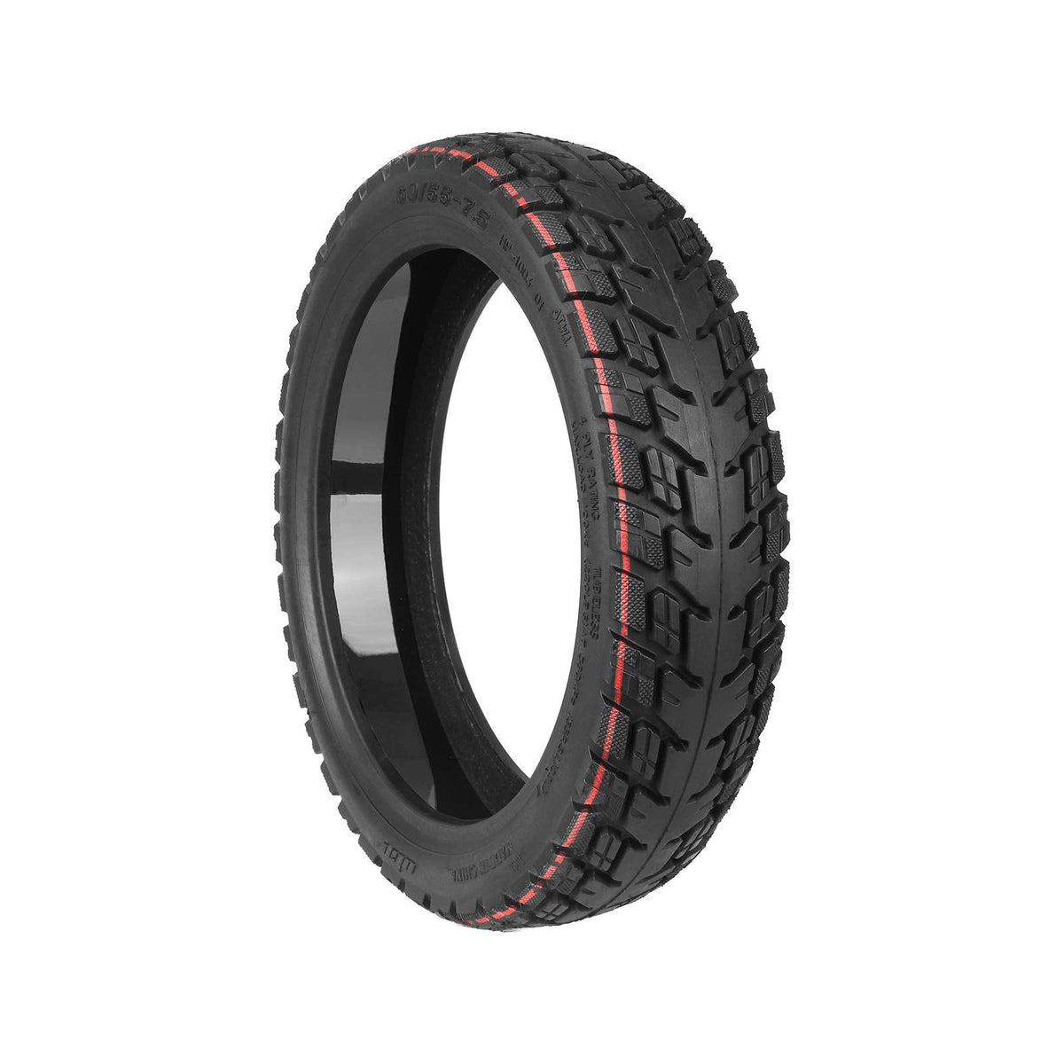 Pneu tubeless tout-terrain 10 pouces noir avec bandes rouges vu de trois-quarts