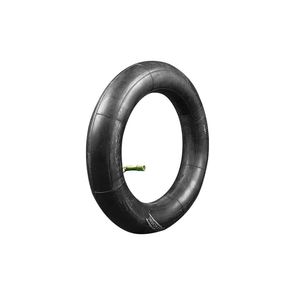 Chambre à air noire 10x2.50 renforcée avec valve coudée à 90° sur fond blanc
