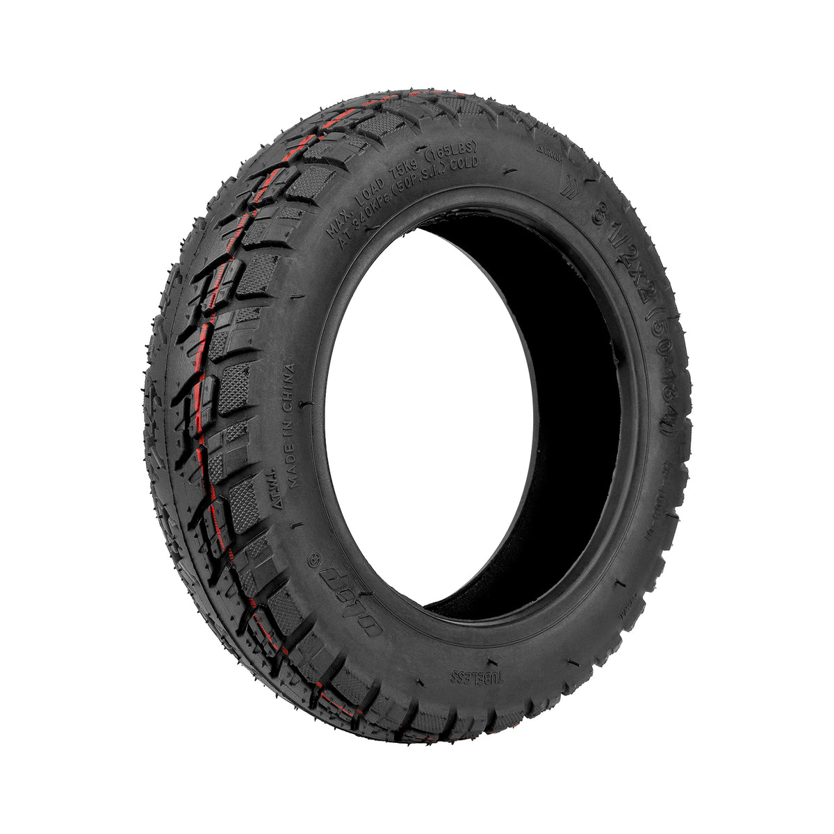 Pneu tubeless tout-terrain 8,5 pouces noir vu de trois quarts avec des lignes rouges sur les crampons
