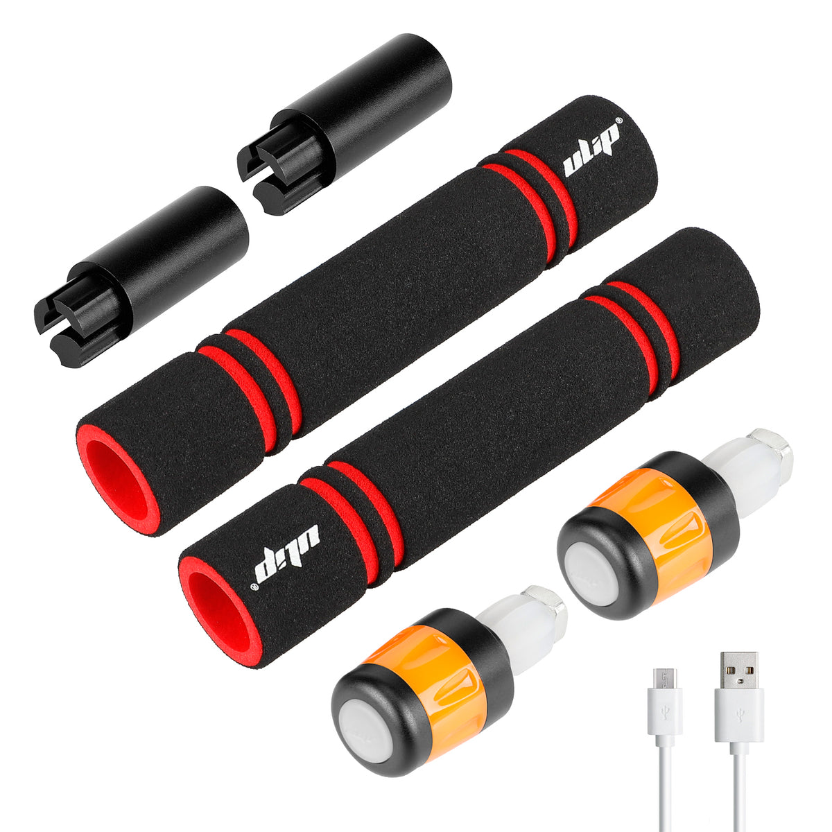 Kit d'extension de guidon noir et rouge avec embouts clignotants orange et câble USB