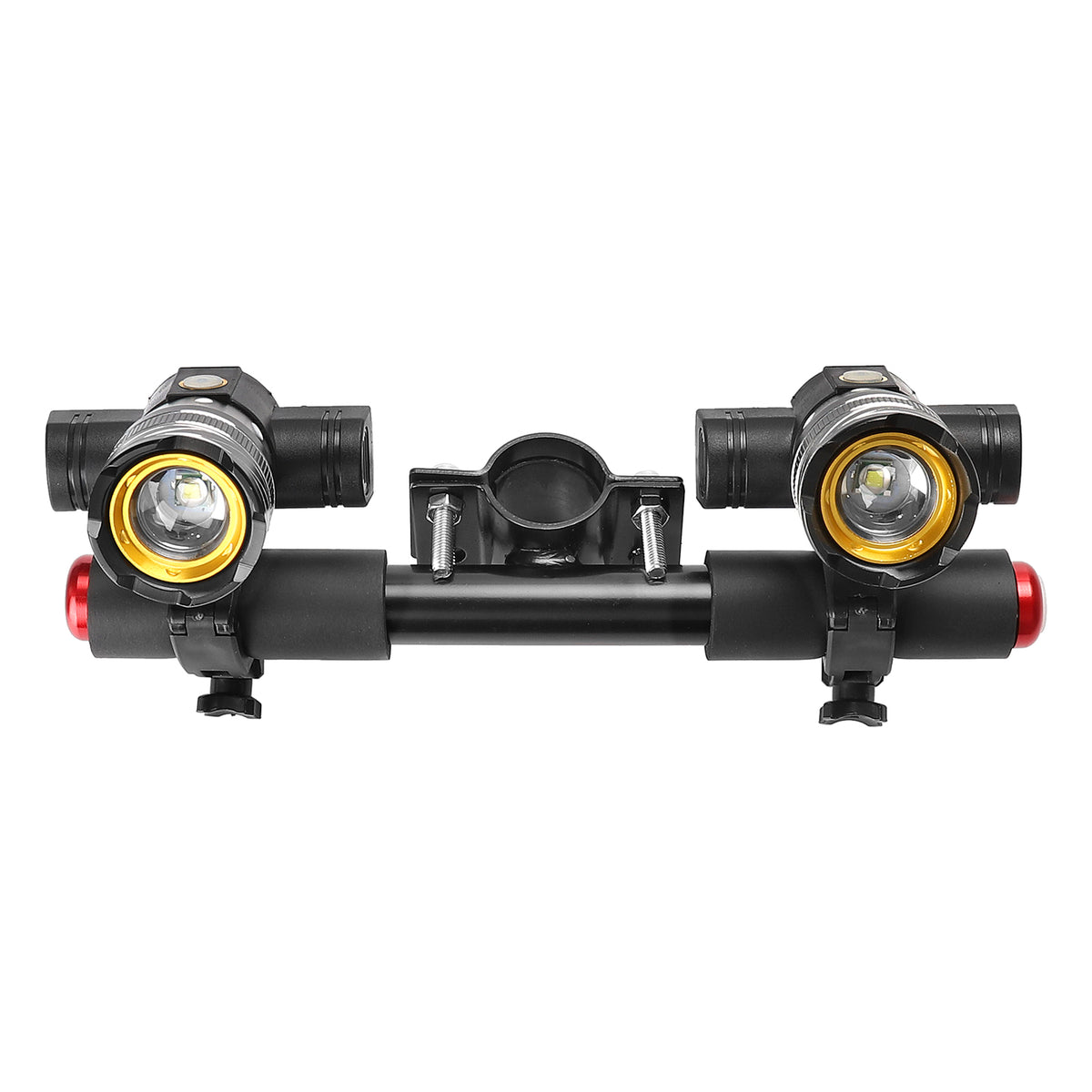 Double phare LED T6 fixé sur une barre d'extension de guidon noire