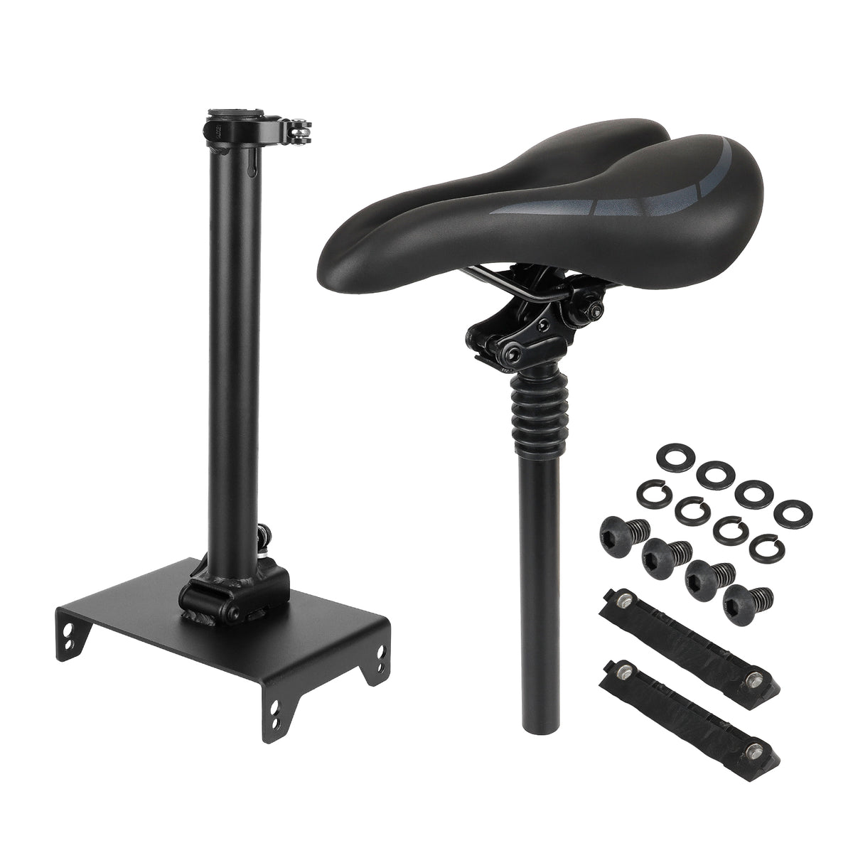 Selle pliable noire pour trottinette électrique avec sa tige, sa base de fixation et la visserie