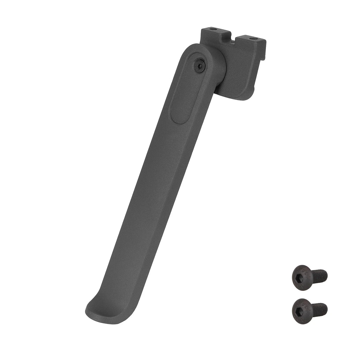 Béquille latérale noire pour trottinette électrique avec ses deux vis de fixation