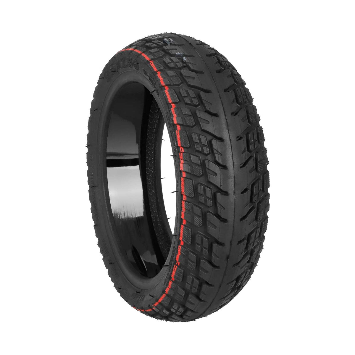 Pneu tubeless tout-terrain 9.5x2.50 noir avec bande rouge auto-réparant vu de trois-quarts