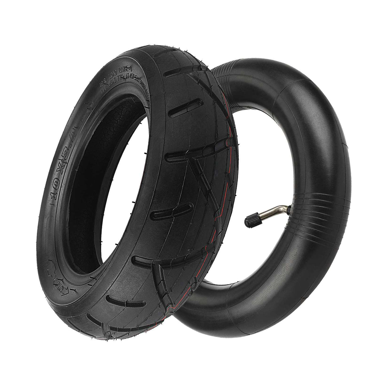 Pneu Hota 10x3 noir avec sa chambre à air 10x2,5 coudée sur fond blanc