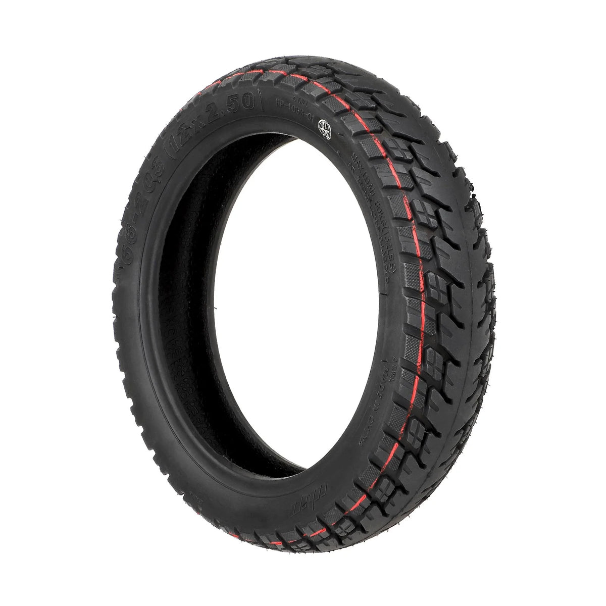 Pneu tubeless 12 pouces noir avec liseré rouge pour trottinette électrique vu de trois-quarts