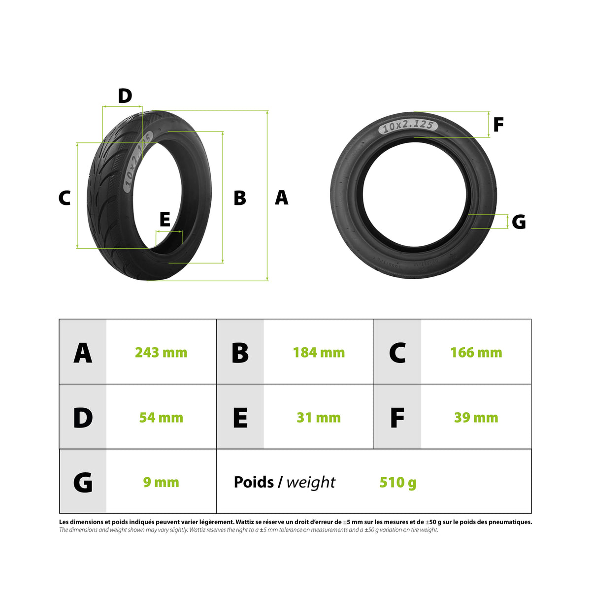 Pneu Tubeless 10x2,125-6,5 pour Trottinette Électrique