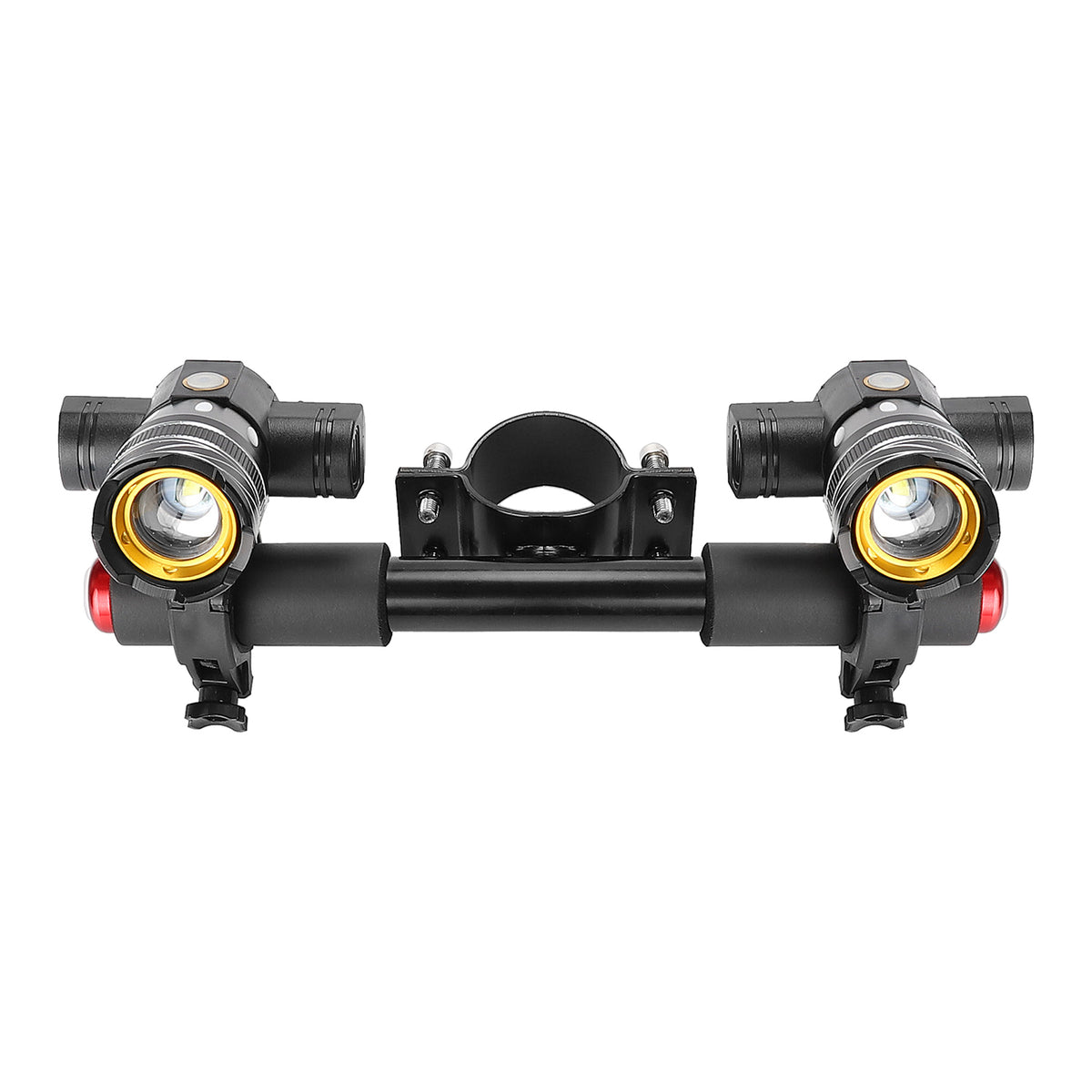 Double phare LED noir et doré monté sur une barre d'extension de guidon