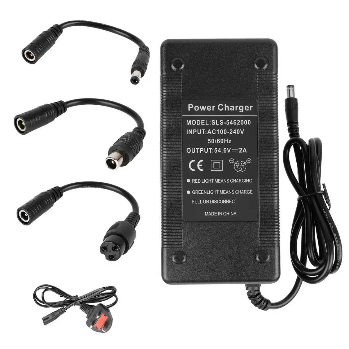 Chargeur 54,6V 2A noir avec câble et 3 adaptateurs de charge