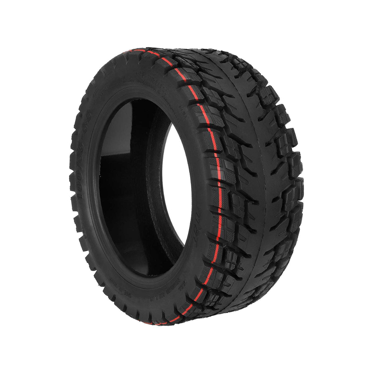 Pneu tubeless tout-terrain 10 pouces noir avec bandes rouges vu de trois quarts