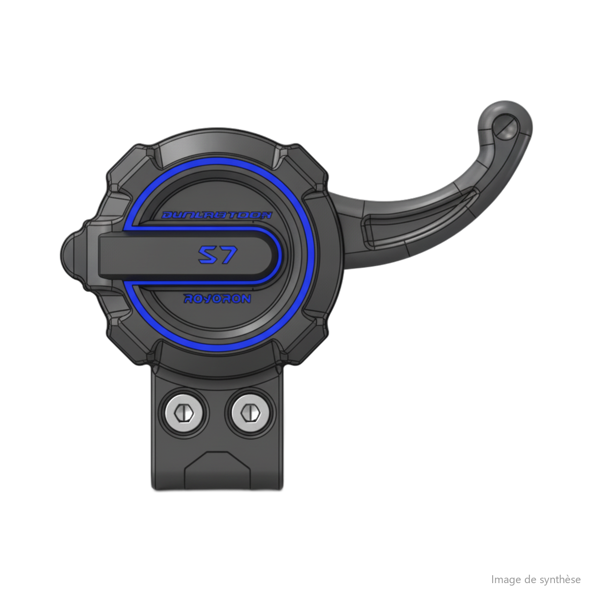 Accélérateur S7 noir et bleu avec le logo Minimotors Rovoron vu de face