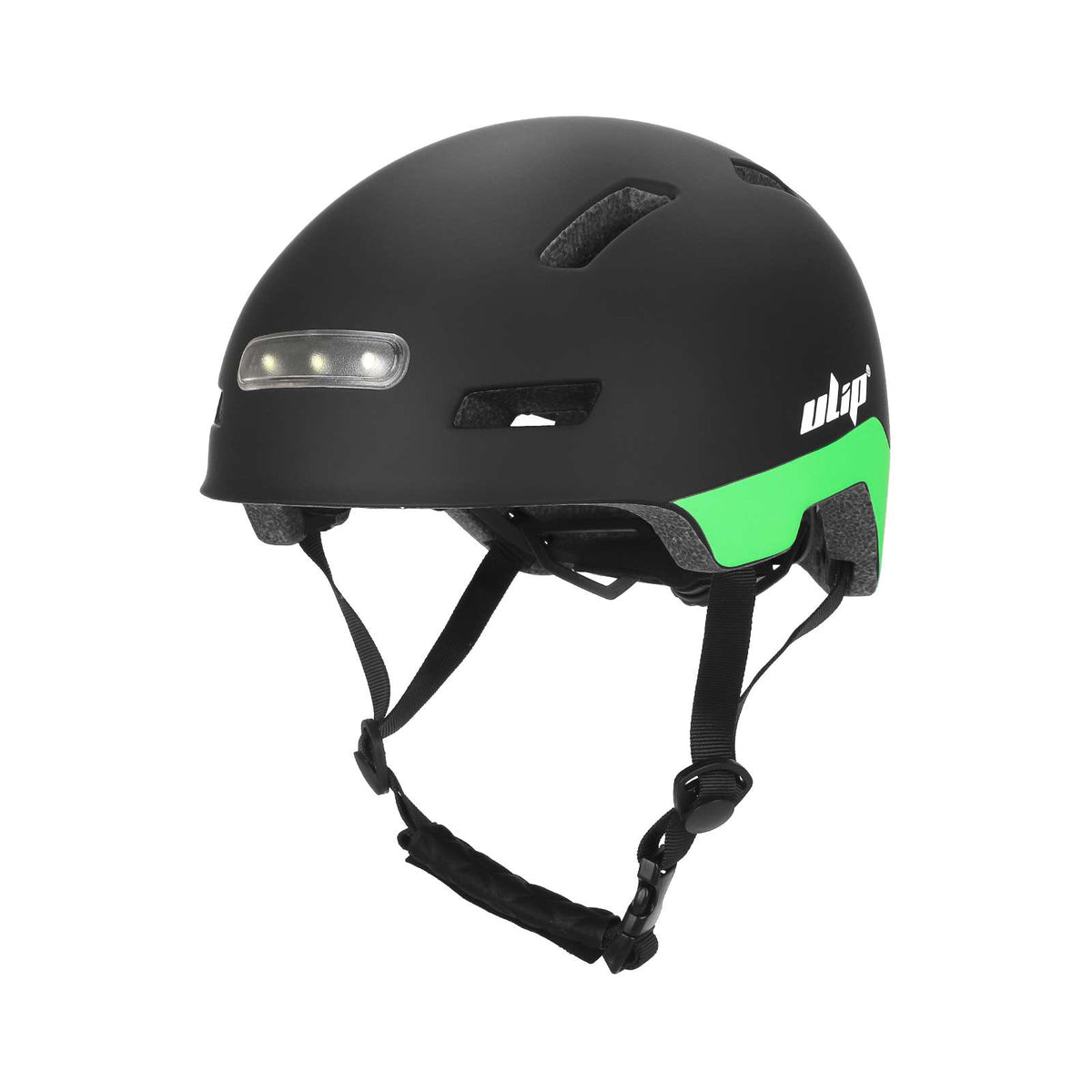 Casque noir et vert avec éclairage LED frontal pour trottinette électrique et vélo