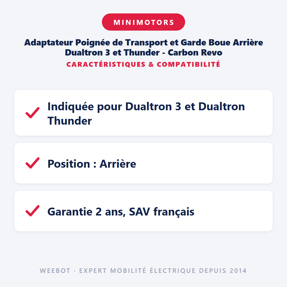 Adaptateur Poignée de Transport et Garde Boue Arrière Dualtron 3 et Thunder - Carbon Revo : caractéristiques et compatibilité