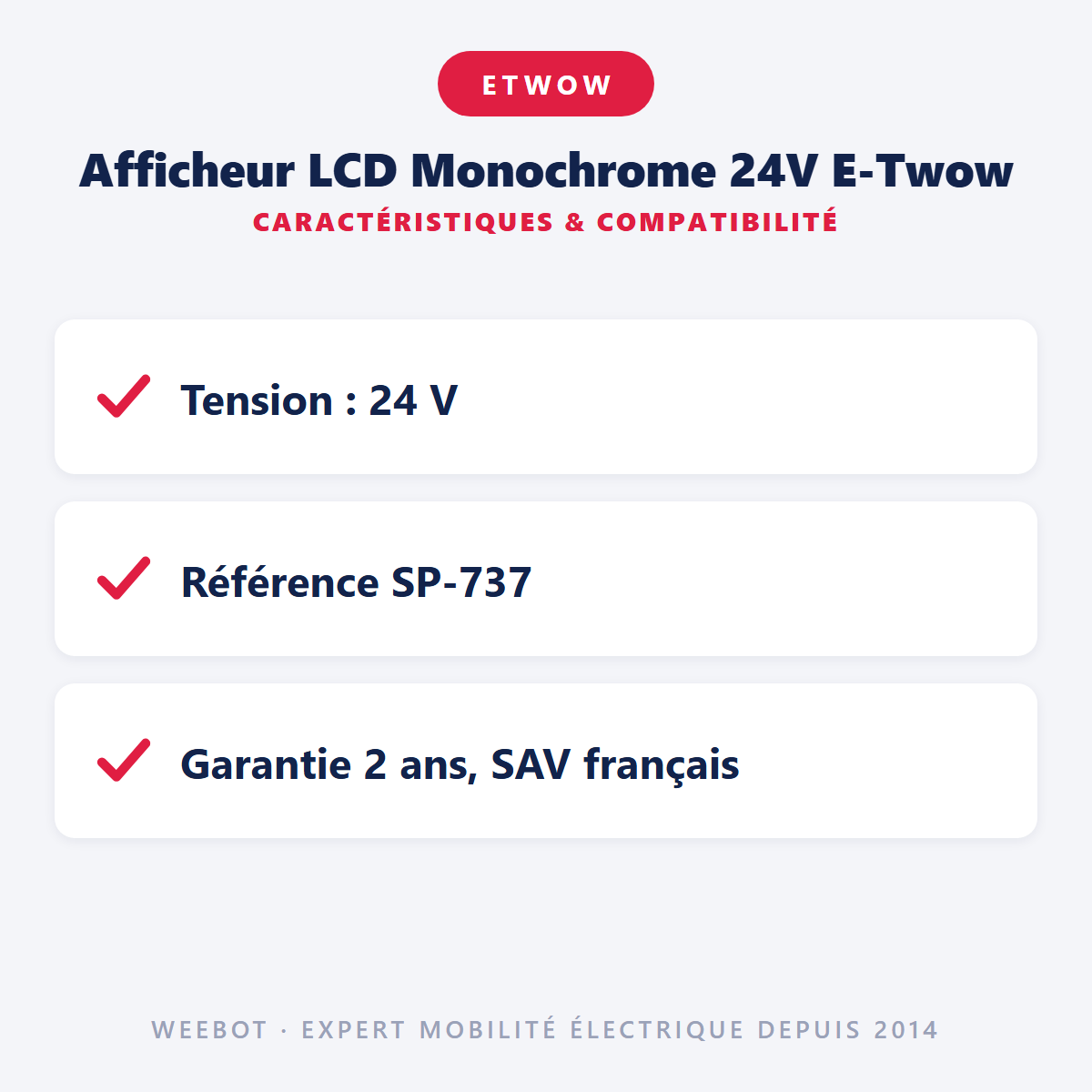Afficheur LCD Monochrome 24V E-Twow : caractéristiques et compatibilité
