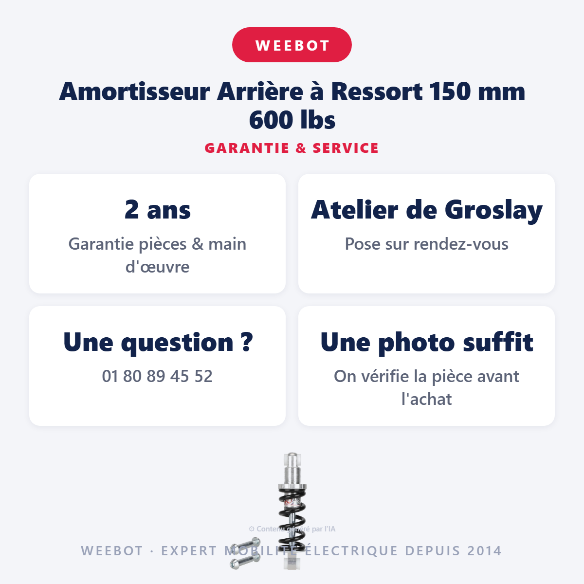 Amortisseur Arrière à Ressort 150 mm 600 lbs : garantie 2 ans et service après-vente