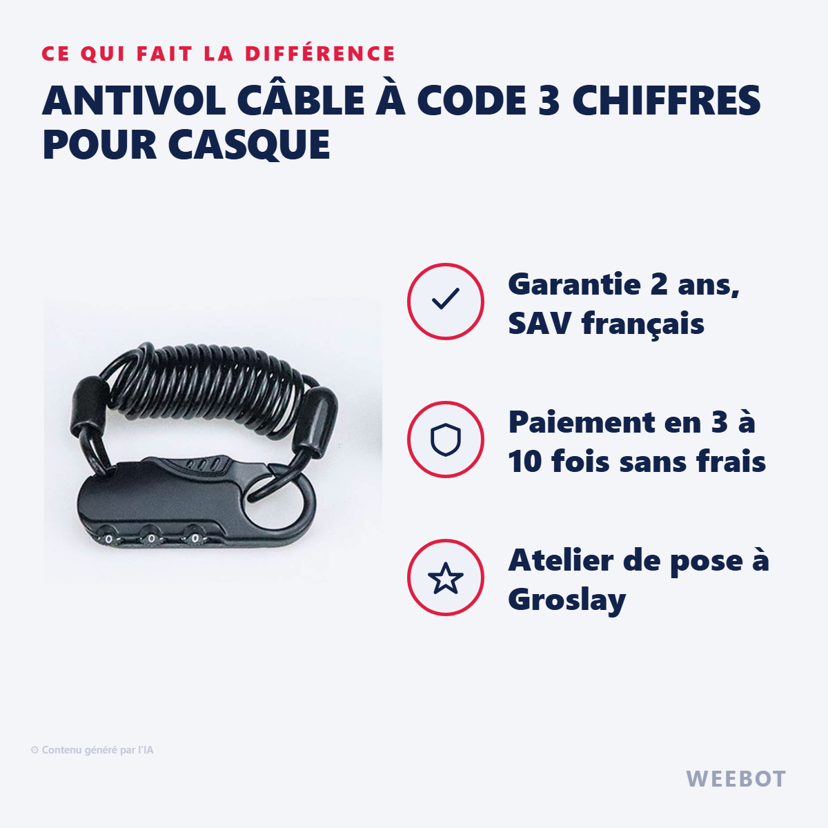 Antivol Câble à Code 3 Chiffres pour Casque : les points forts