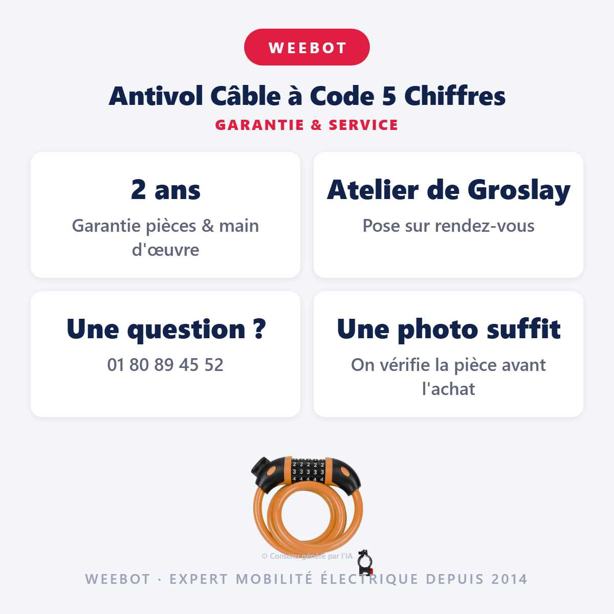 Antivol Câble à Code 5 Chiffres : garantie 2 ans et service après-vente