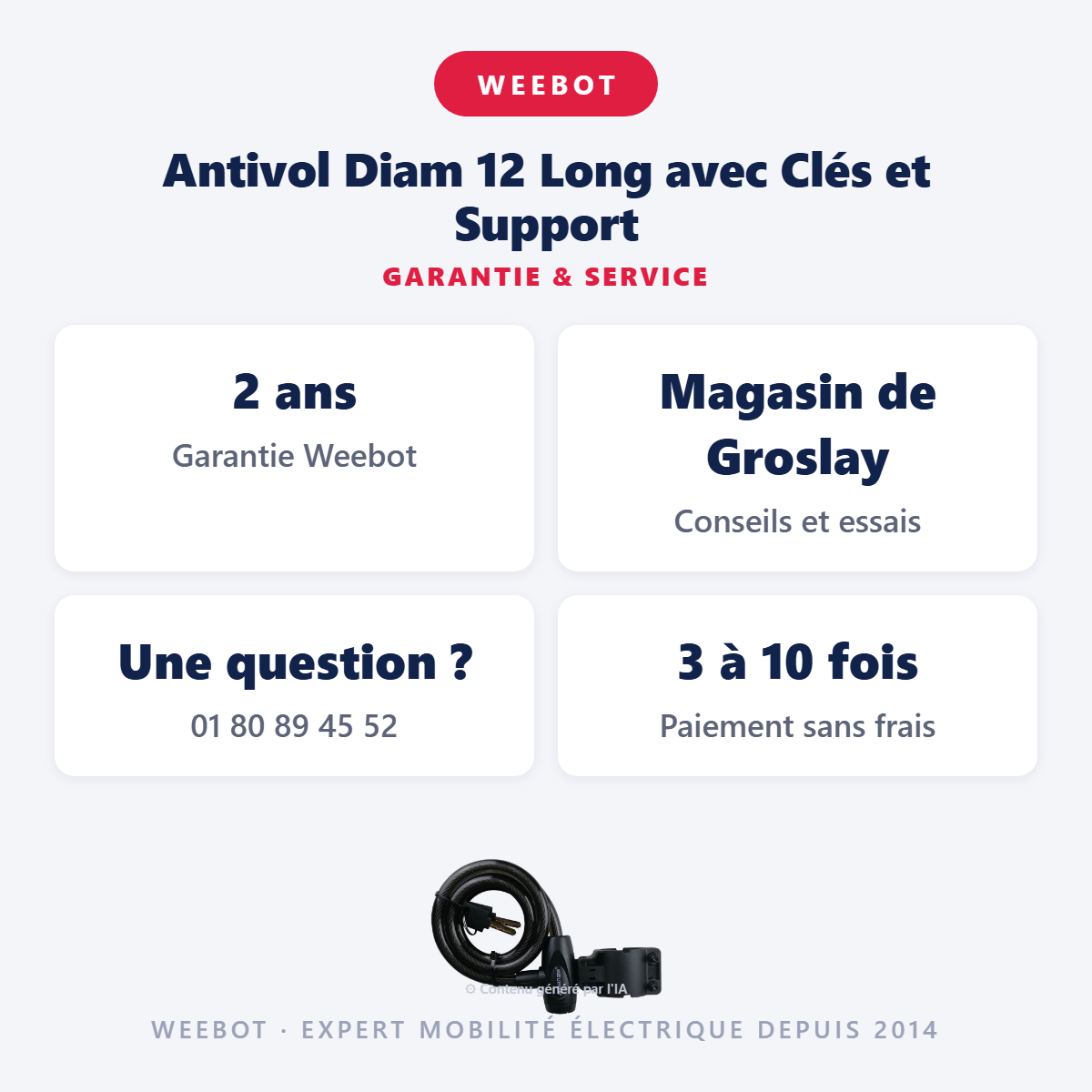Antivol Diam 12 Long avec Clés et Support : garantie 2 ans et service après-vente