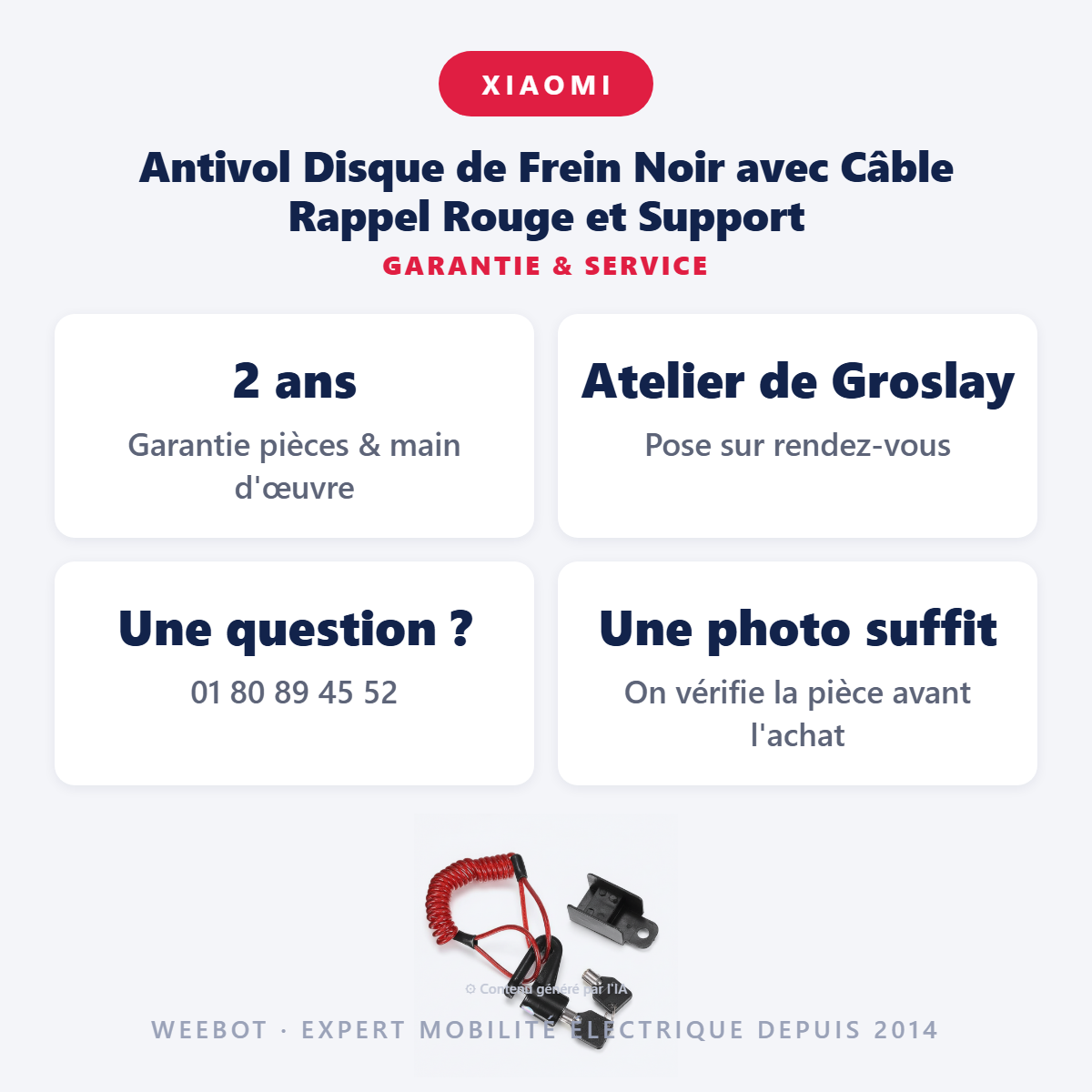 Antivol Disque de Frein Noir avec Câble Rappel Rouge et Support : garantie 2 ans et service après-vente