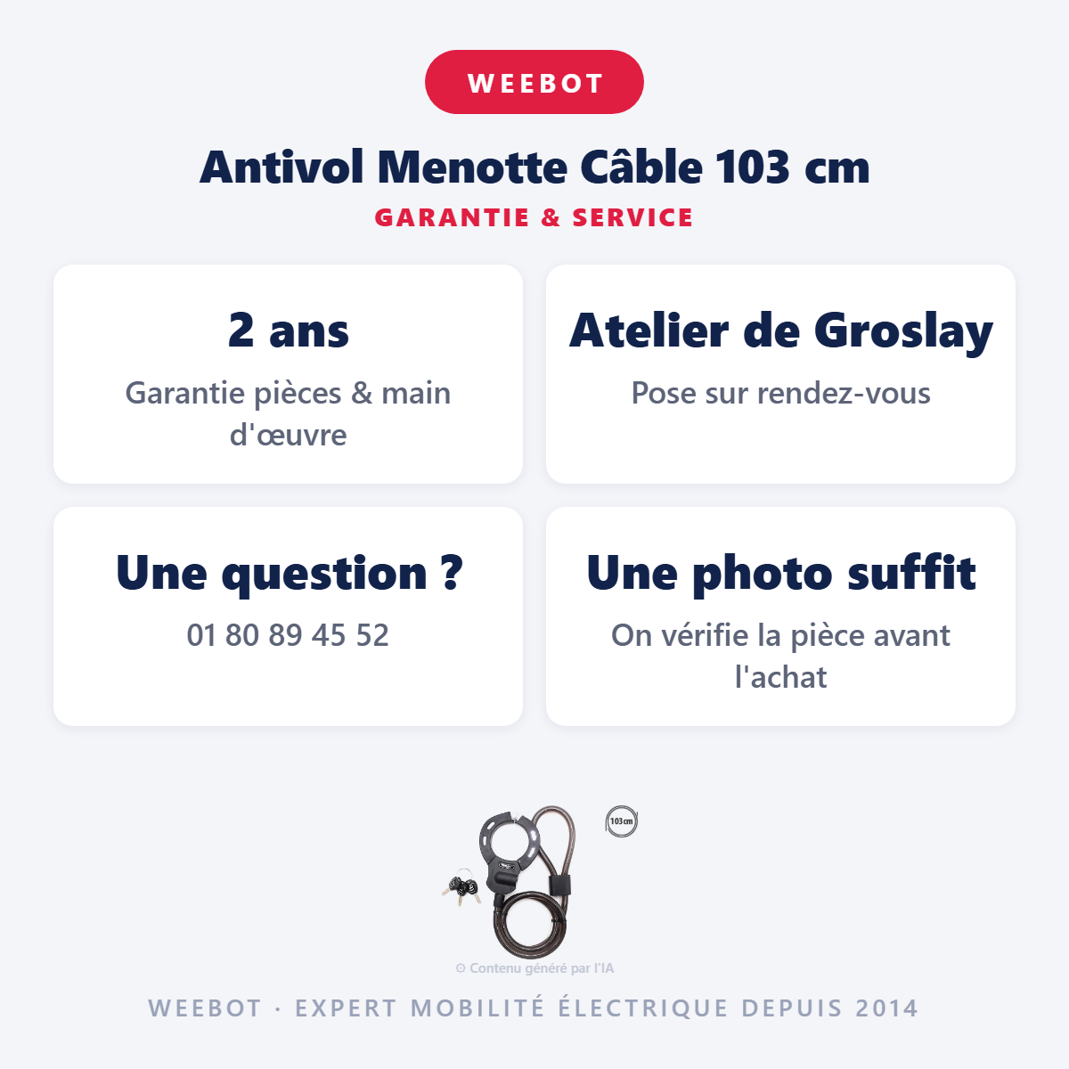 Antivol Menotte Câble 103 cm : garantie 2 ans et service après-vente