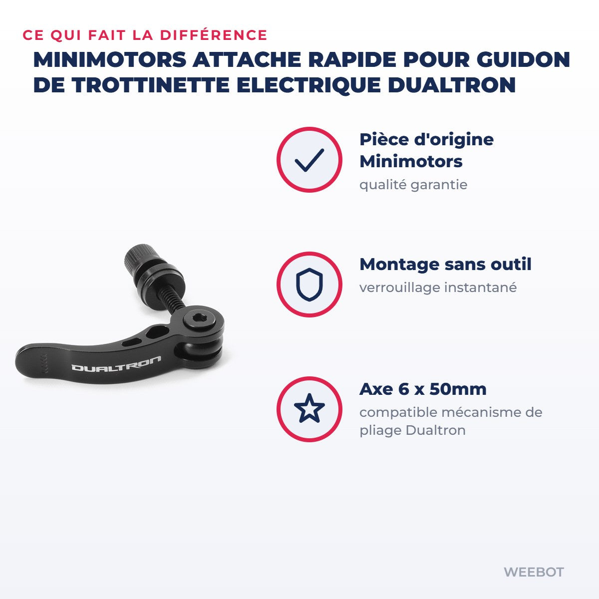 Attache rapide pour Guidon de Trottinette Electrique Dualtron — points forts : Pièce d'origine Minimotors, Montage sans outil