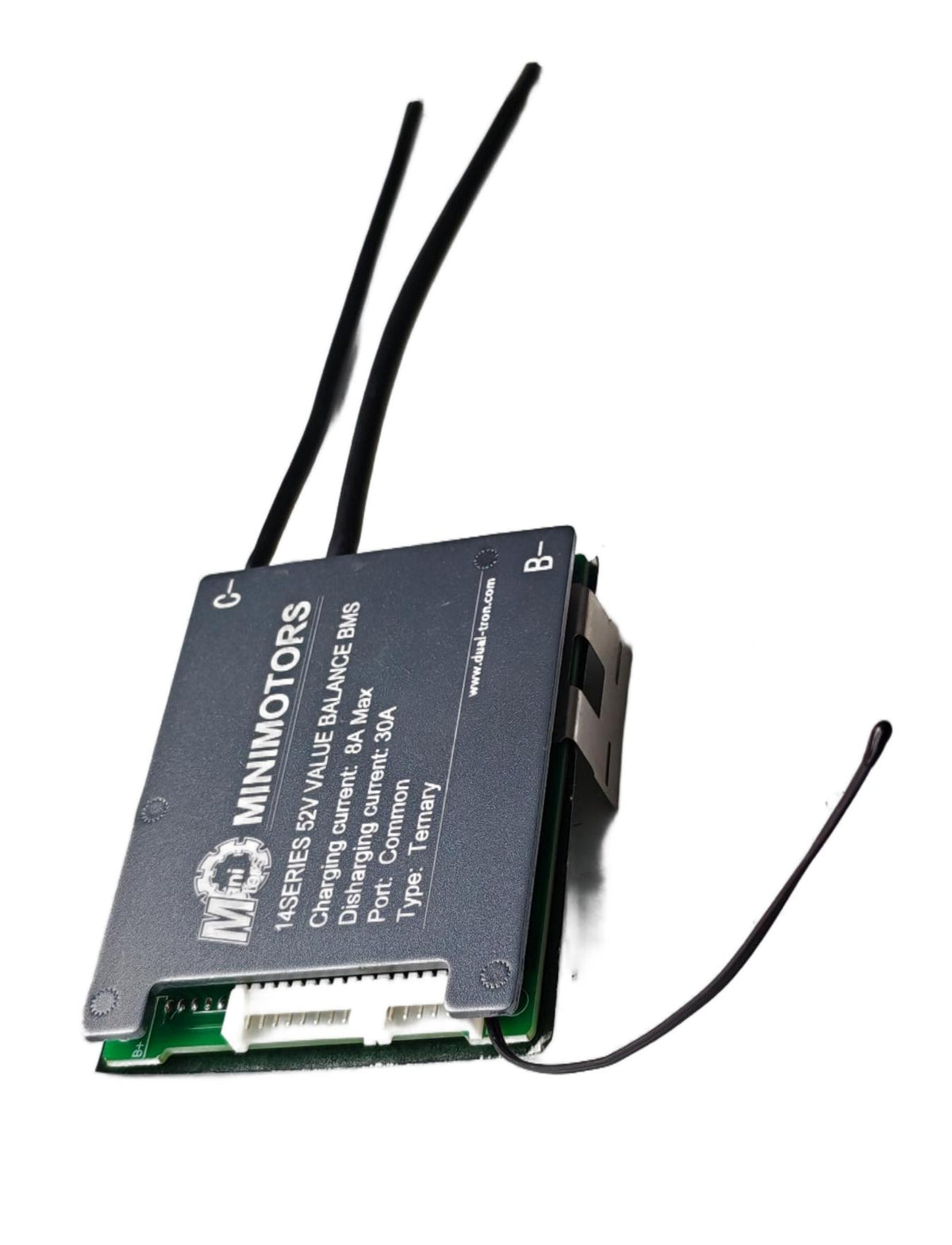 Carte BMS 52V 30A Minimotors grise et verte avec ses câbles de connexion
