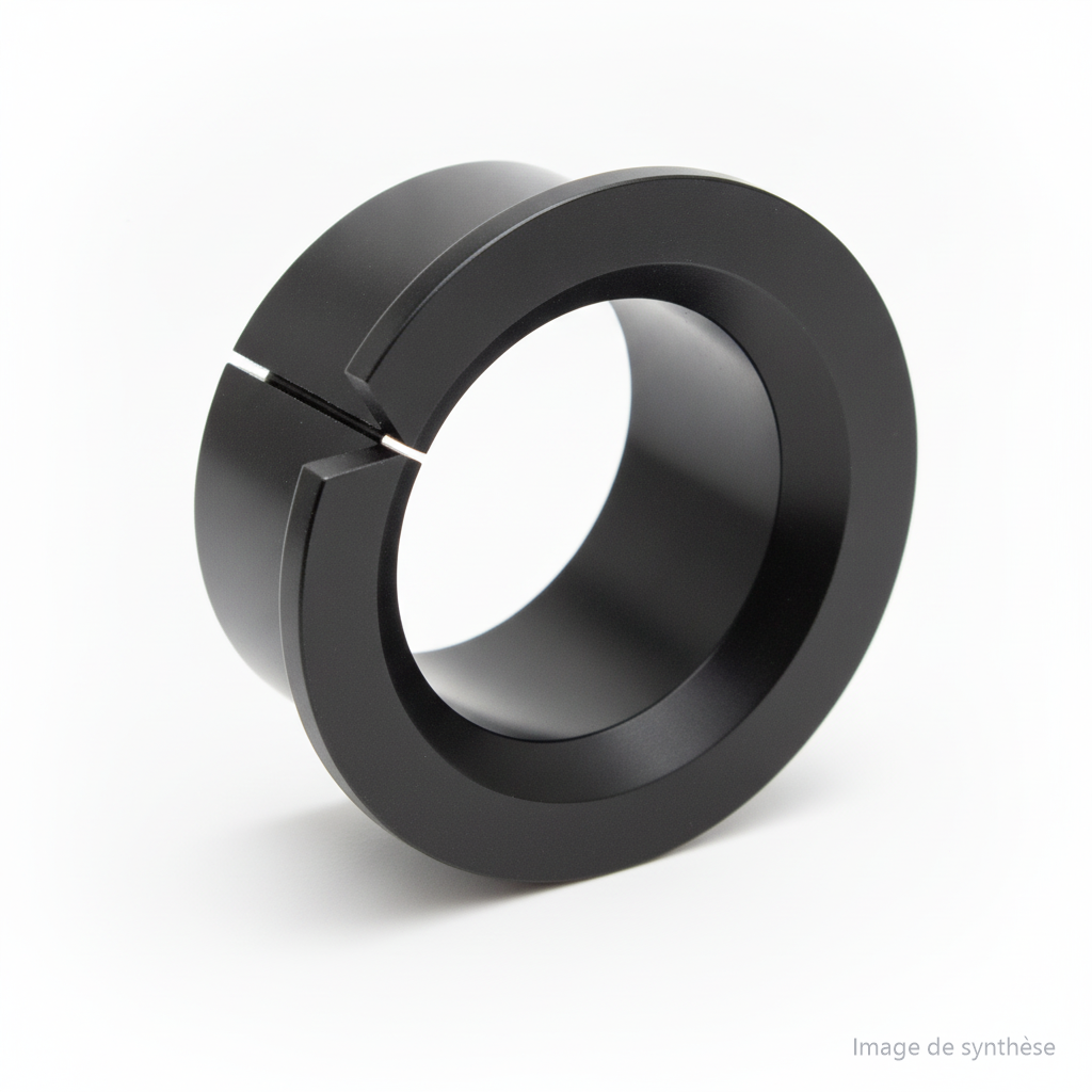 Dessin au trait d'une bague de glissement d'axe à collerette fendue vue en perspective
