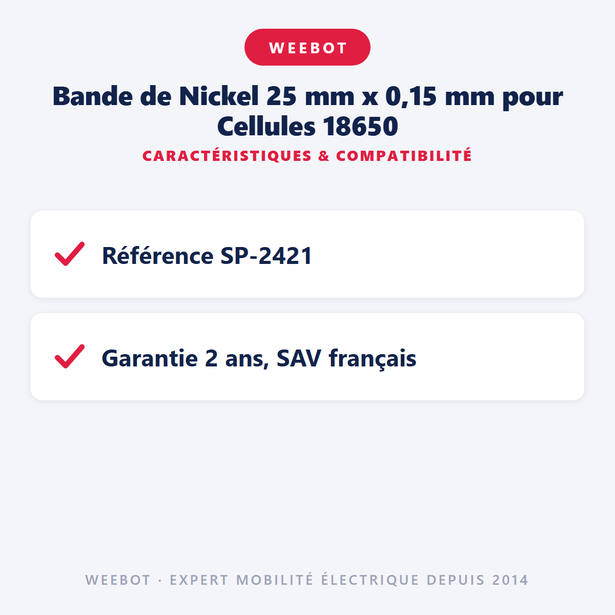Bande de Nickel 25 mm x 0,15 mm pour Cellules 18650 : caractéristiques et compatibilité