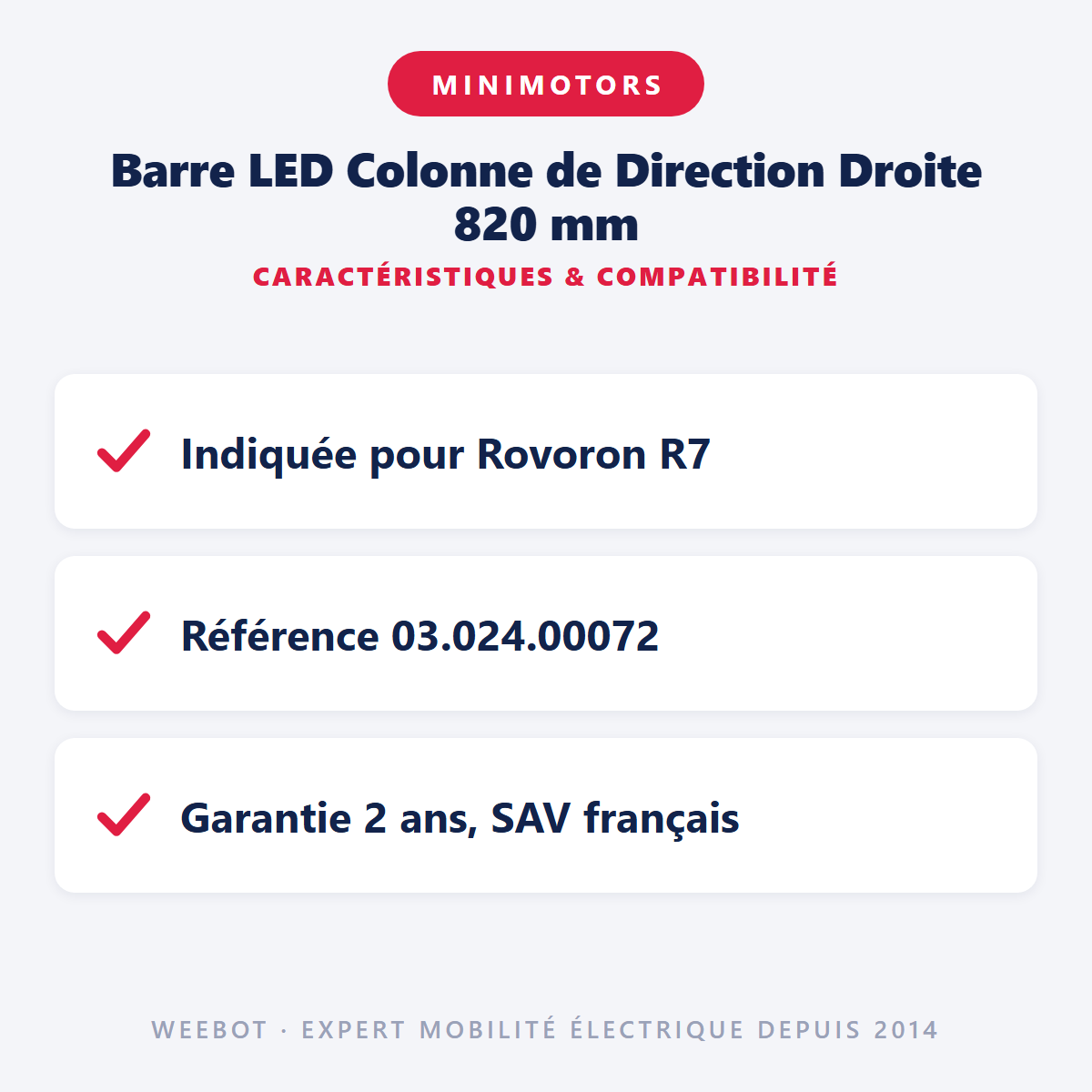 Barre LED Colonne de Direction Droite 820 mm : caractéristiques et compatibilité