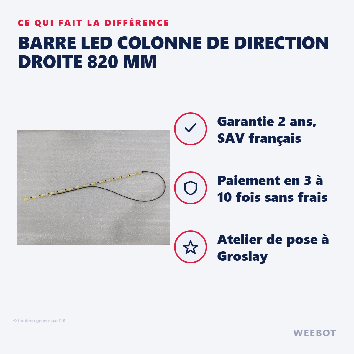 Barre LED Colonne de Direction Droite 820 mm : les points forts