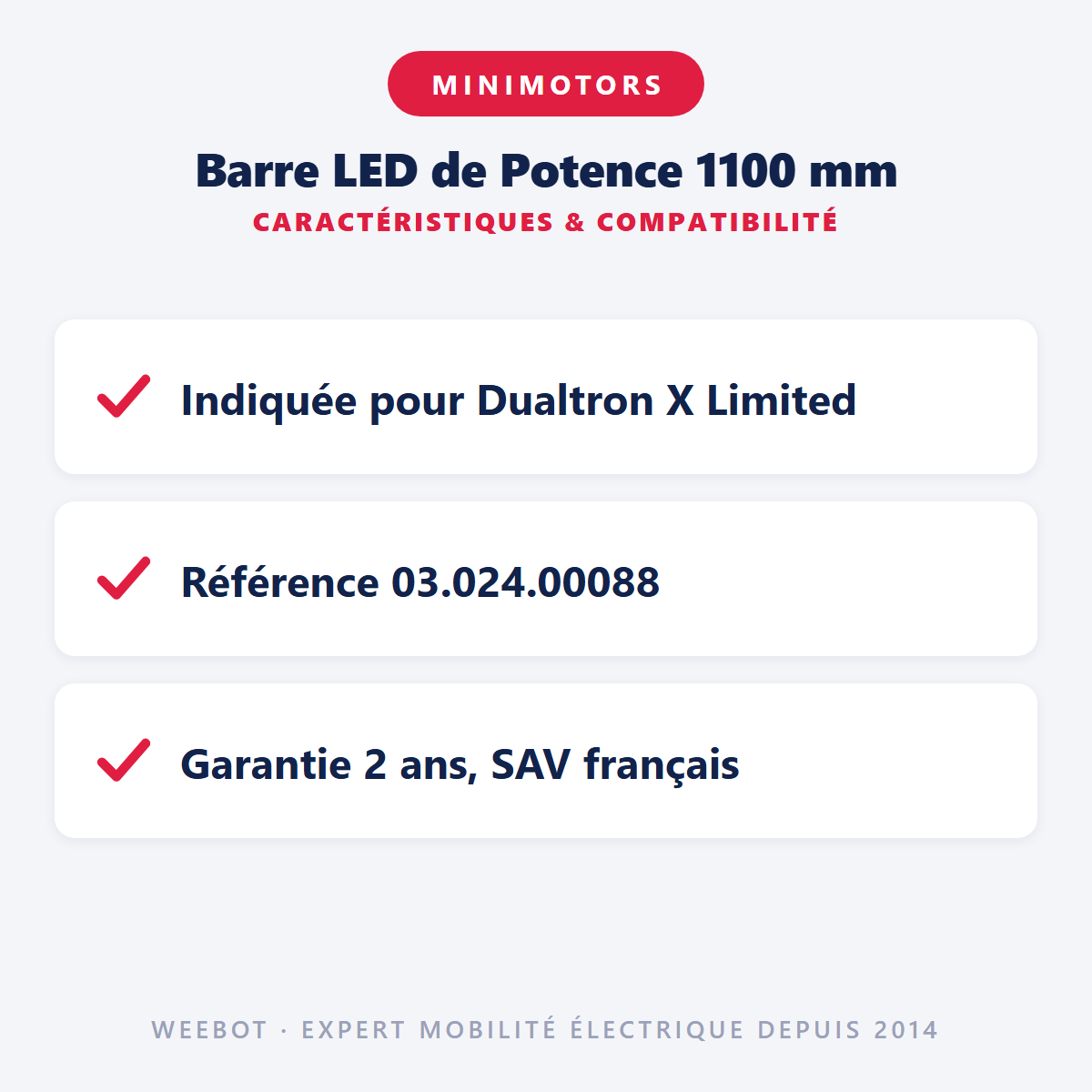 Barre LED de Potence 1100 mm : caractéristiques et compatibilité