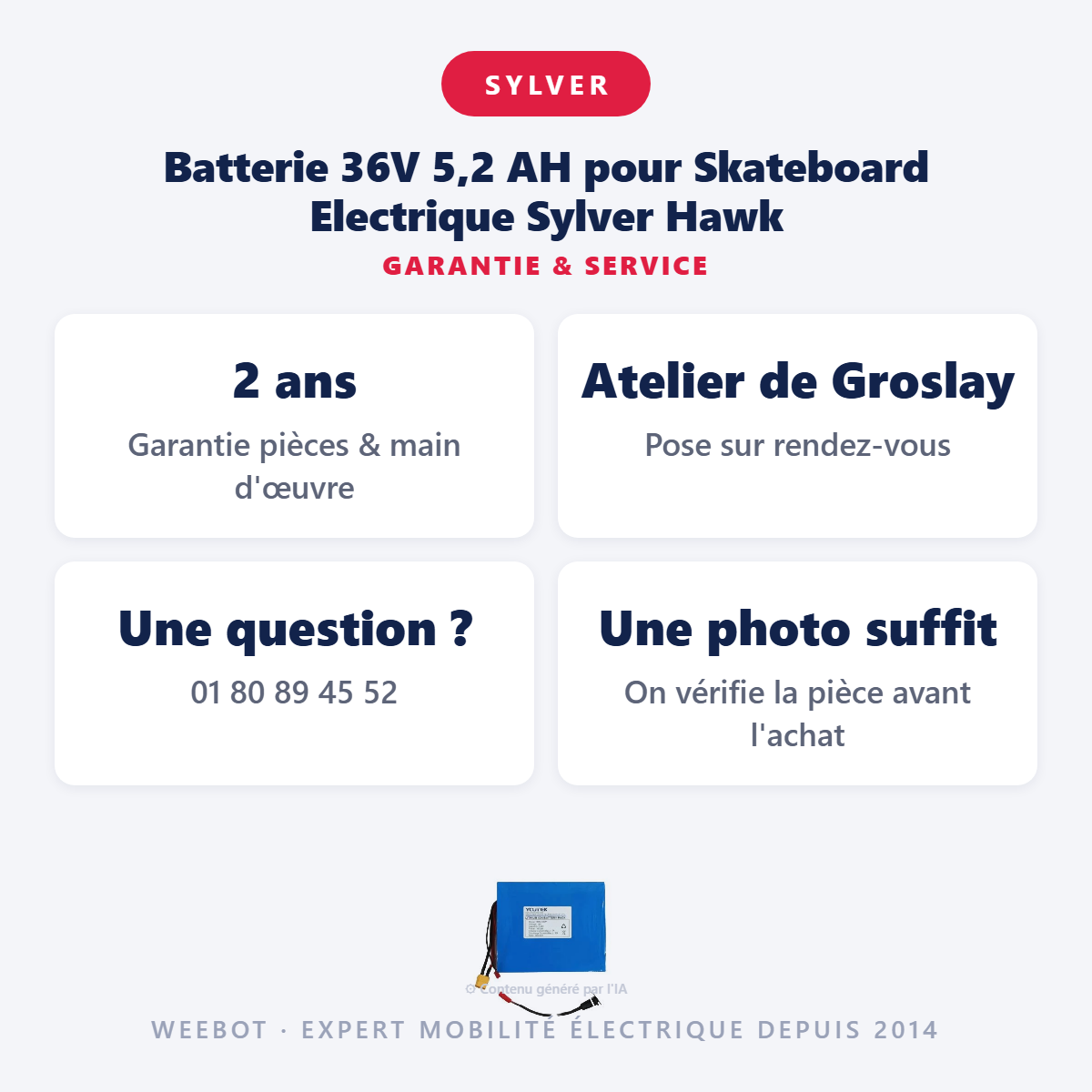 Batterie 36V 5,2 AH pour Skateboard Electrique Sylver Hawk : garantie 2 ans et service après-vente
