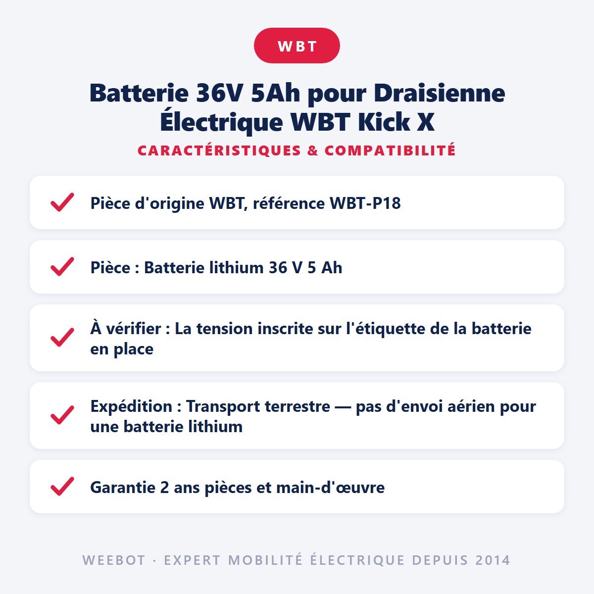 Batterie 36V 5Ah pour Draisienne Électrique WBT Kick X - Weebot