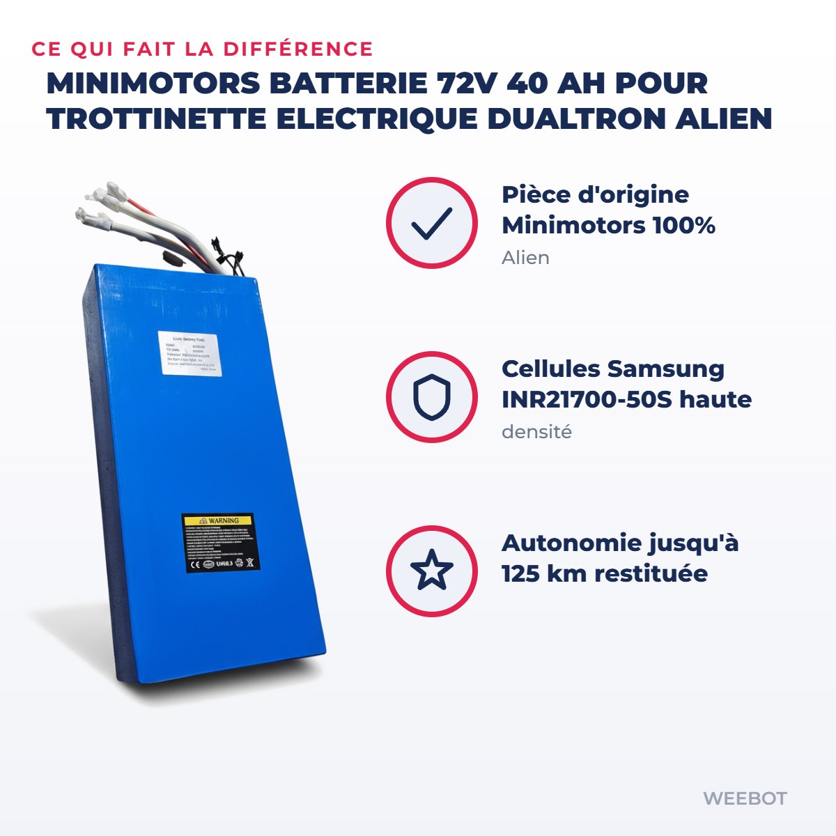 Batterie 72V 40 AH pour Trottinette Electrique Dualtron Alien — points forts : Pièce d'origine Minimotors 100% compatible
