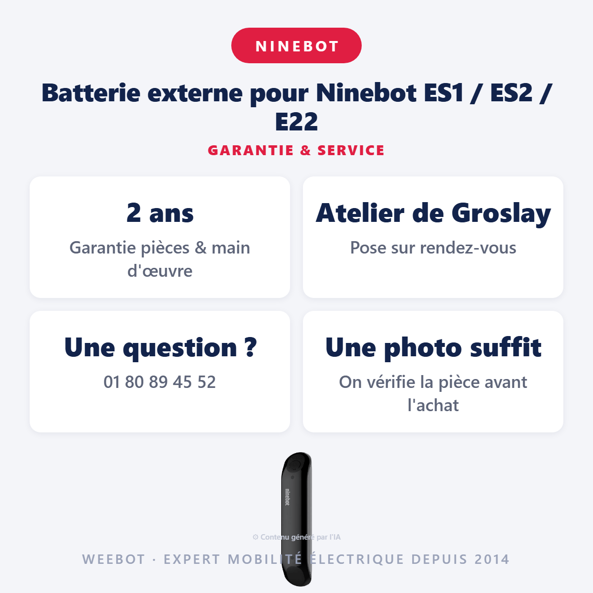 Batterie externe pour Ninebot ES1 / ES2 / E22 : garantie 2 ans et service après-vente