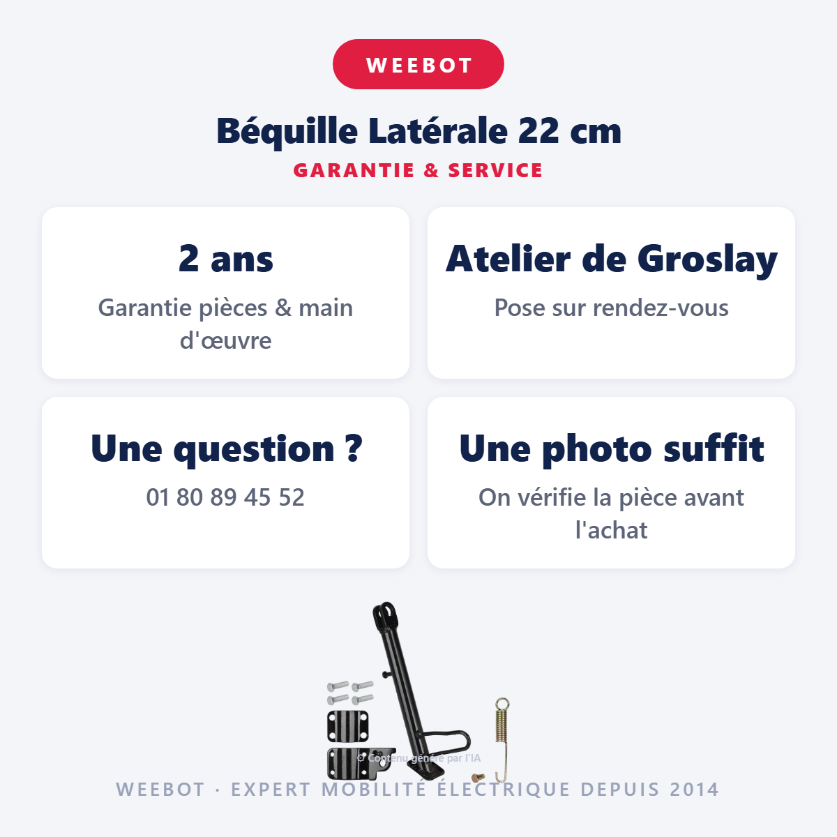Béquille Latérale 22 cm : garantie 2 ans et service après-vente