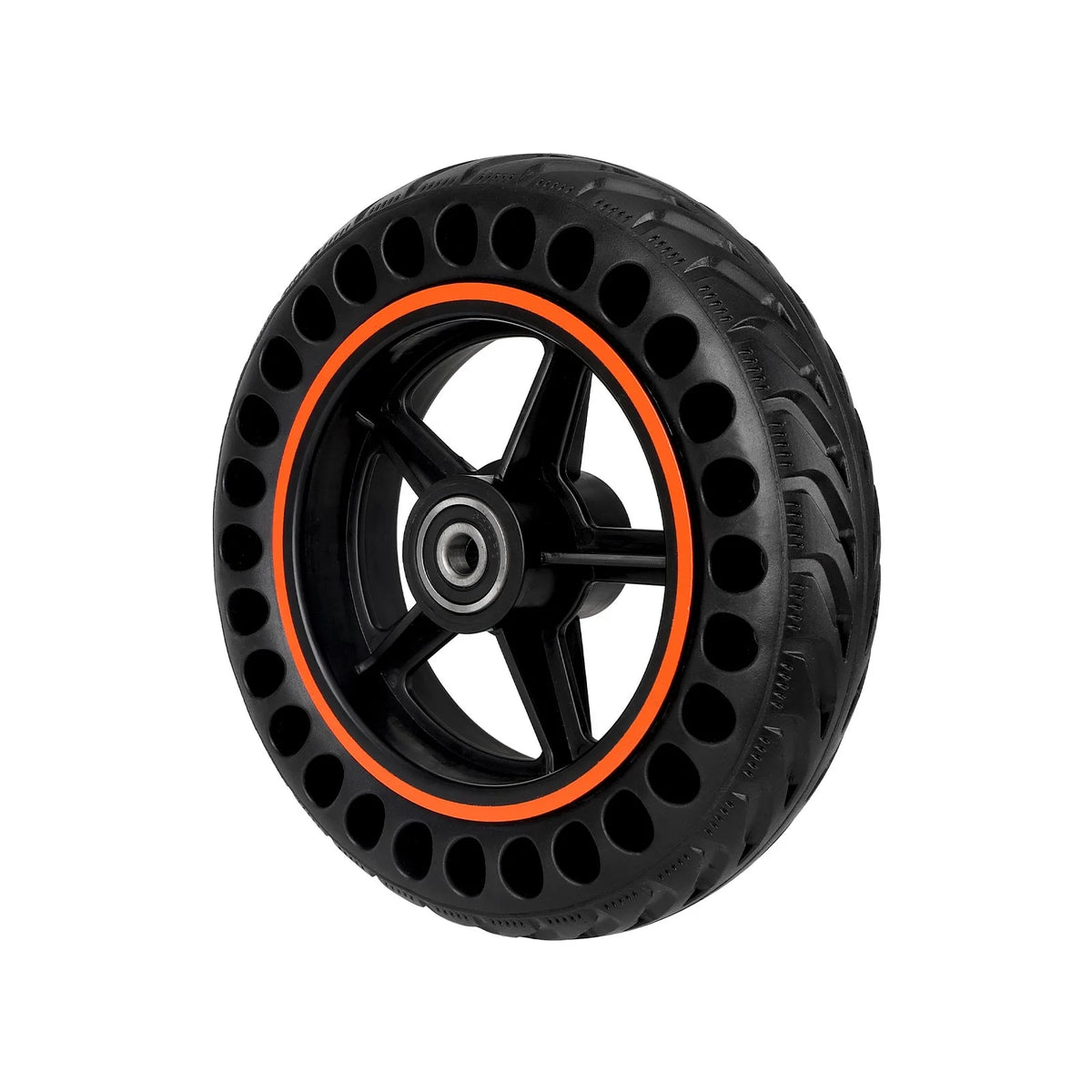 Roue avant complète de trottinette électrique avec pneu plein alvéolé noir et liseré orange sur jante à bâtons
