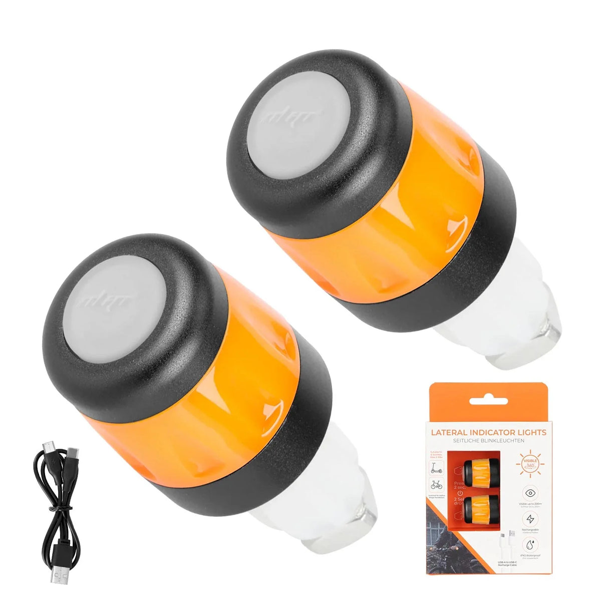 Deux embouts de guidon clignotants rechargeables USB noirs et orange avec câble de charge