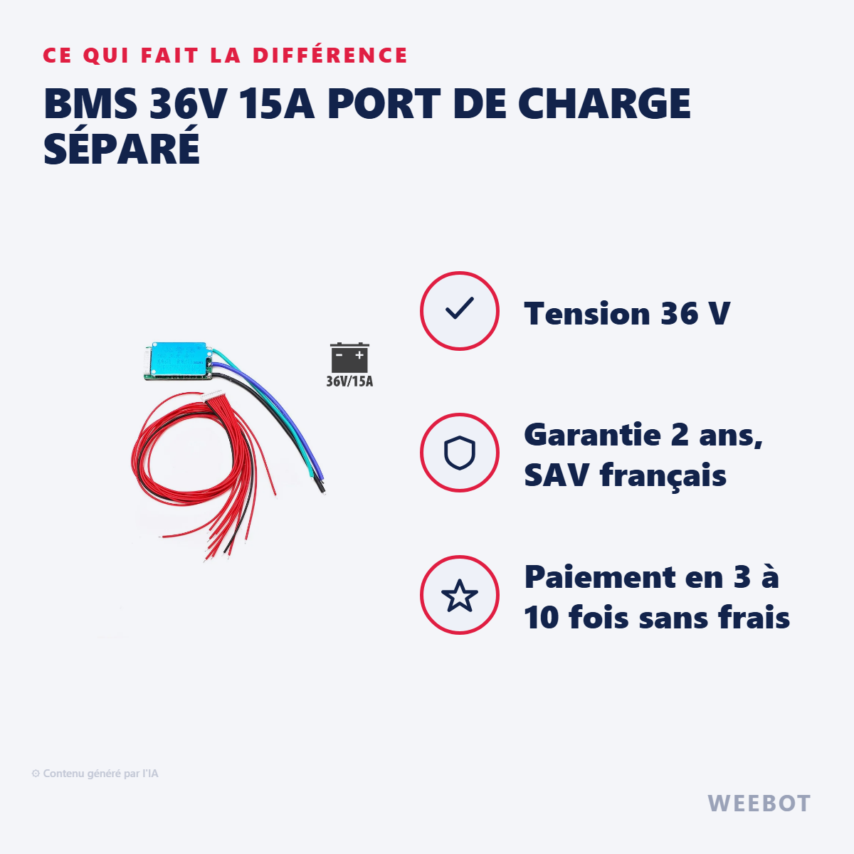 BMS 36V 15A Port de Charge Séparé : les points forts