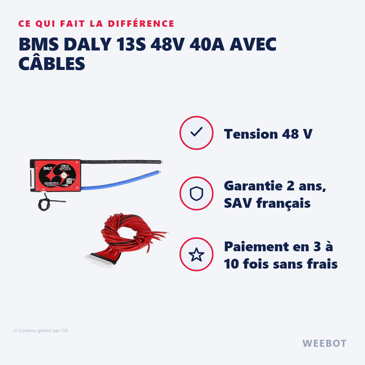 BMS Daly 13S 48V 40A avec Câbles : les points forts