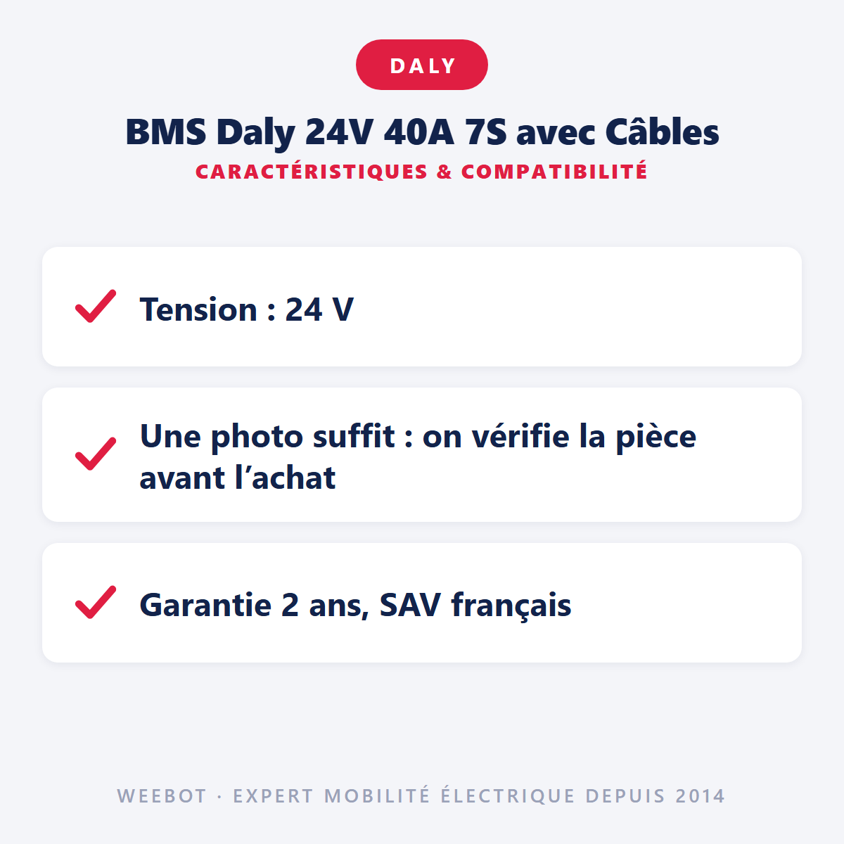 BMS Daly 24V 40A 7S avec Câbles : caractéristiques et compatibilité