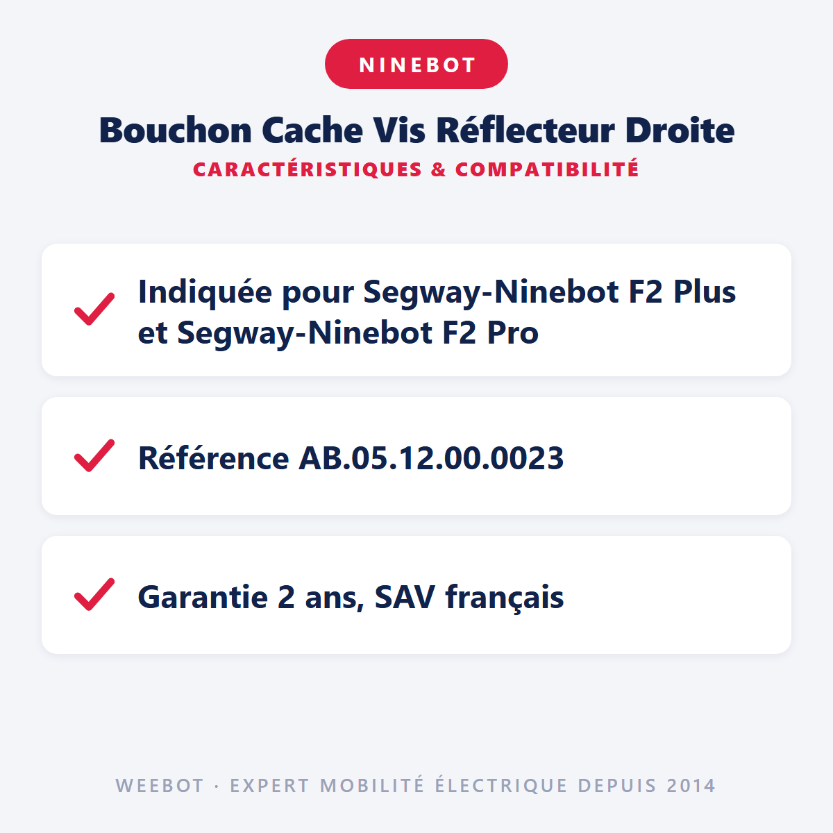 Bouchon Cache Vis Réflecteur Droite pour Trottinette Électrique Ninebot Segway F2 / F2 Plus / F2 Pro - Weebot