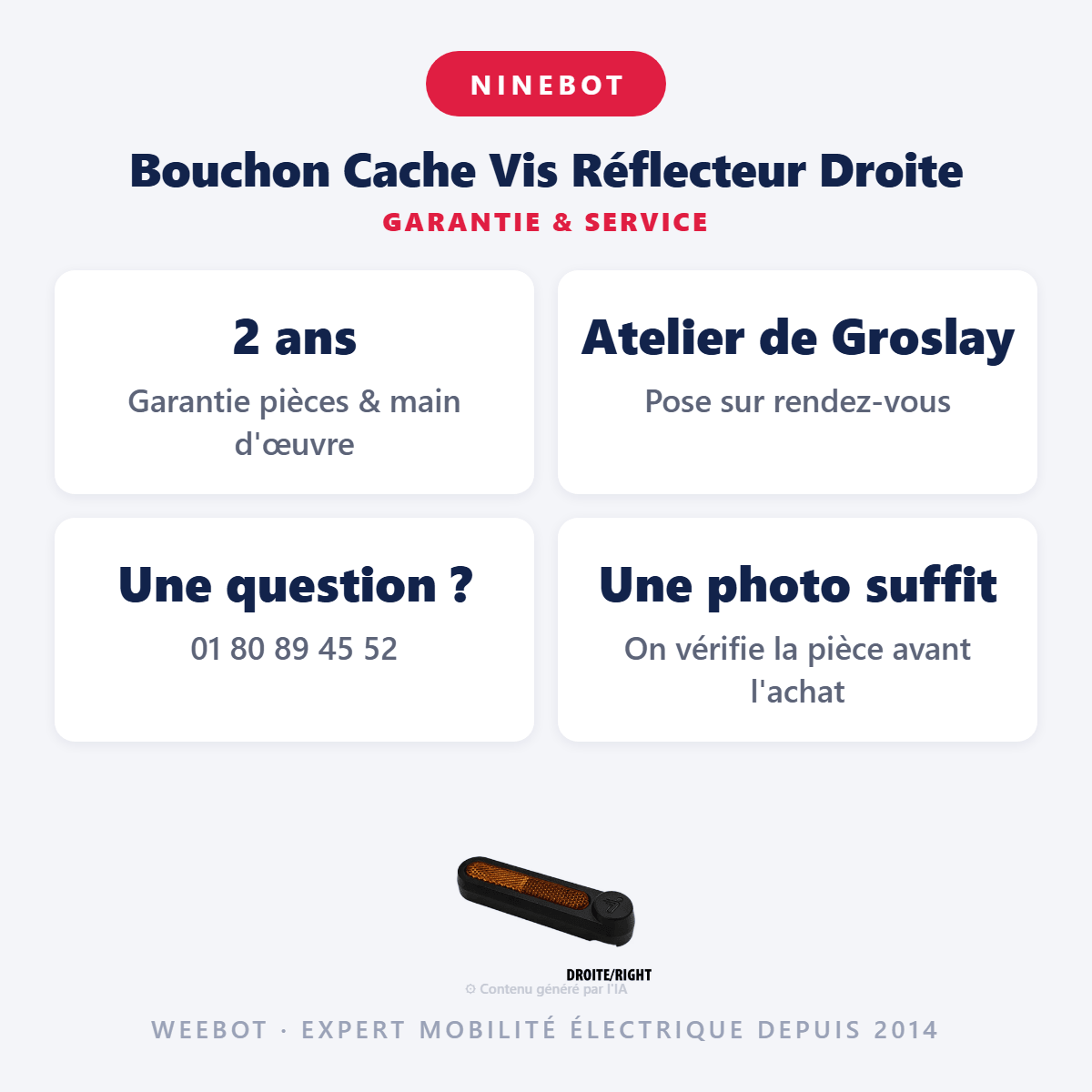 Bouchon Cache Vis Réflecteur Droite pour Trottinette Électrique Ninebot Segway F2 / F2 Plus / F2 Pro - Weebot