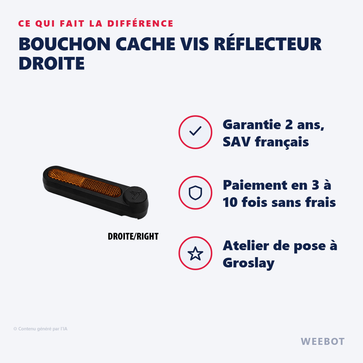 Bouchon Cache Vis Réflecteur Droite pour Trottinette Électrique Ninebot Segway F2 / F2 Plus / F2 Pro - Weebot