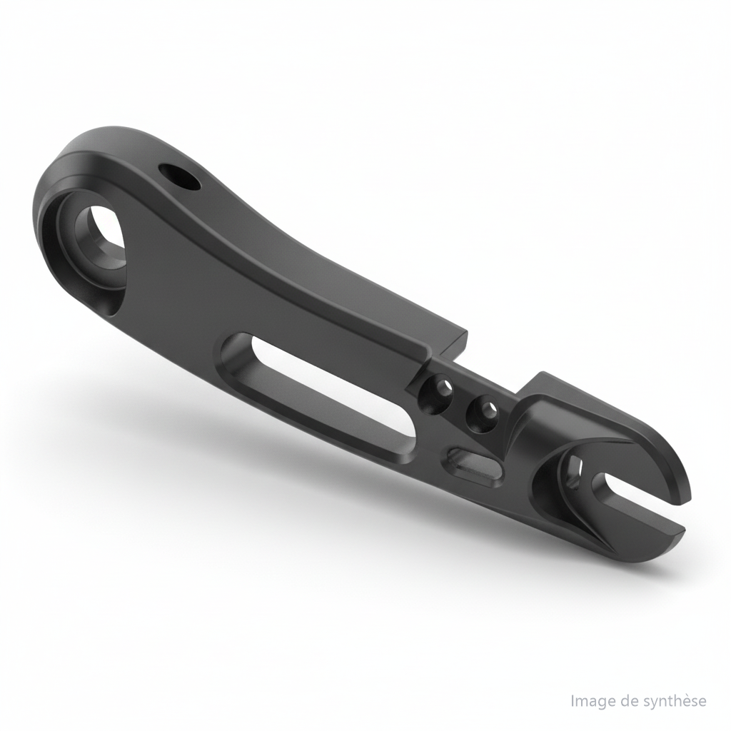Schéma en vue perspective d'un bras de suspension côté disque pour trottinette électrique Dualtron