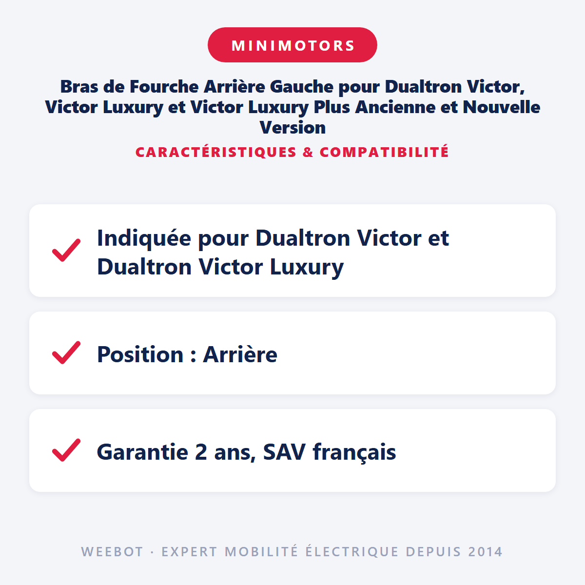Bras de Fourche Arrière Gauche pour Dualtron Victor, Victor Luxury et Victor Luxury Plus Ancienne et Nouvelle Version - Weebot