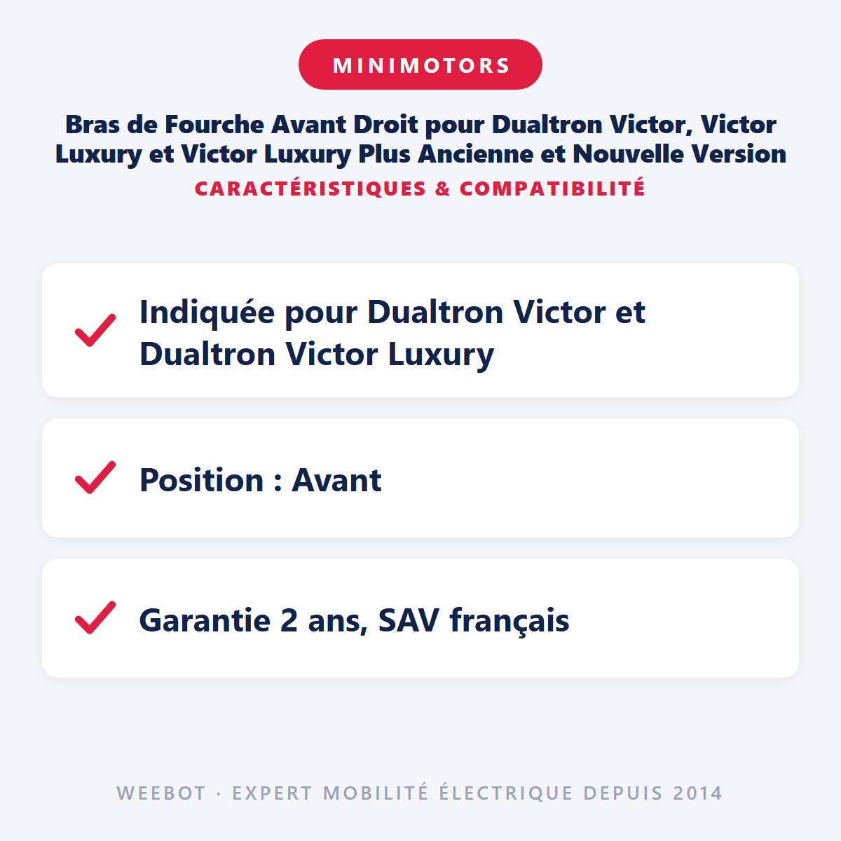 Bras de Fourche Avant Droit pour Dualtron Victor, Victor Luxury et Victor Luxury Plus Ancienne et Nouvelle Version - Weebot